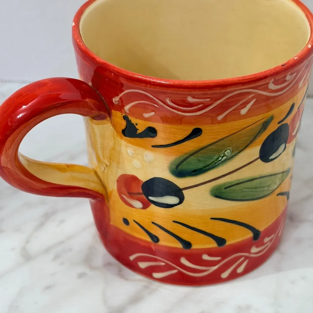 Hand Painted Mediterranean Olive Ceramic Coffee Mug Red Orange Yellow Tuscan